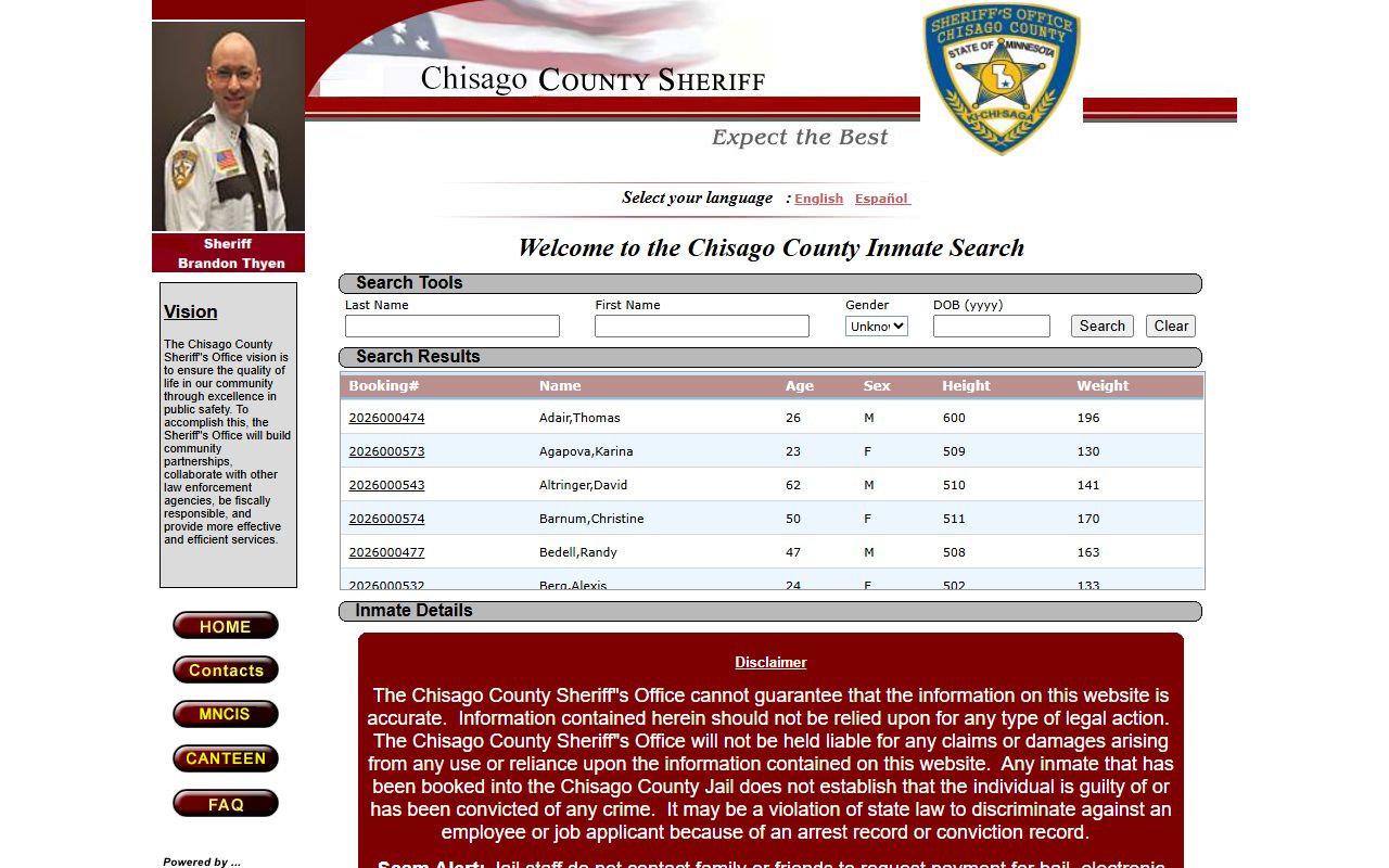Chisago County inmate population roster search fields