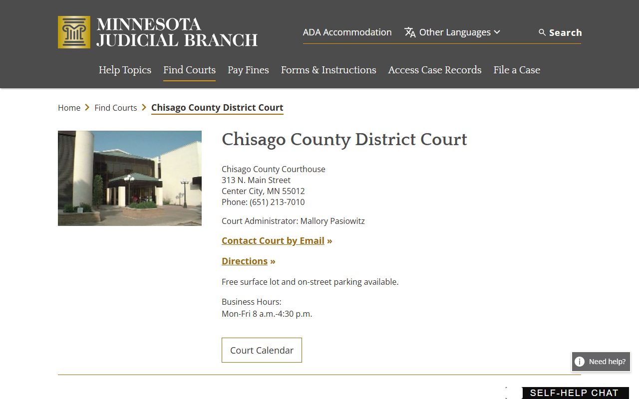 Minnesota Judicial Branch Chisago County District Court contact page