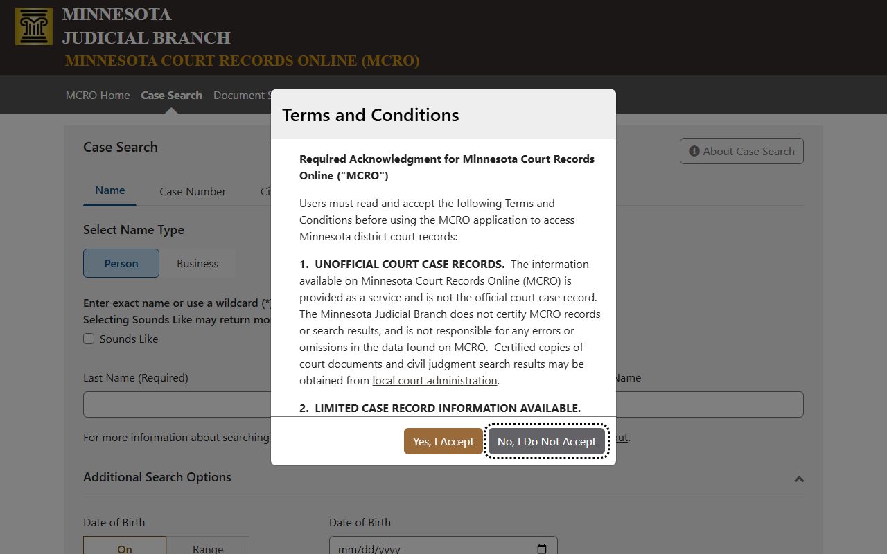 Minnesota Court Records Online case search screen